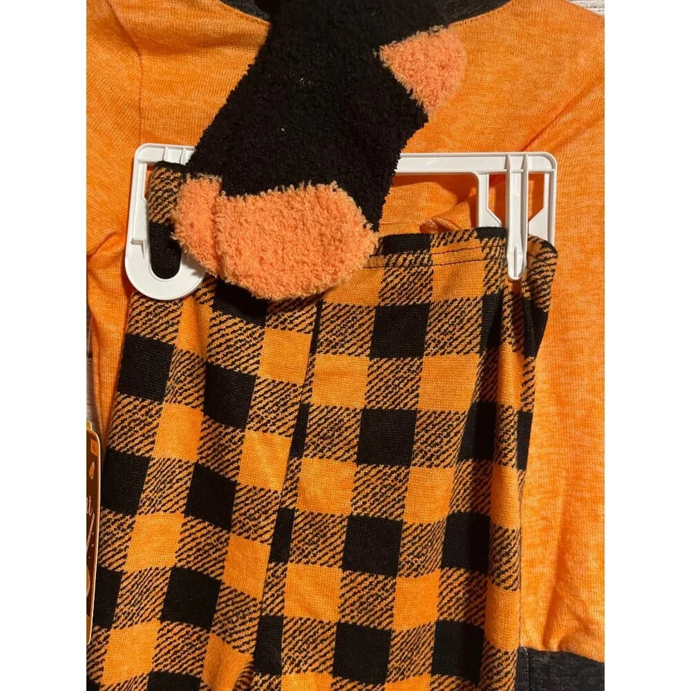 Trick Or Treat Sleep Kids Pajama Set 4T Pumpkin Top & Plaid Pants Orange/Black